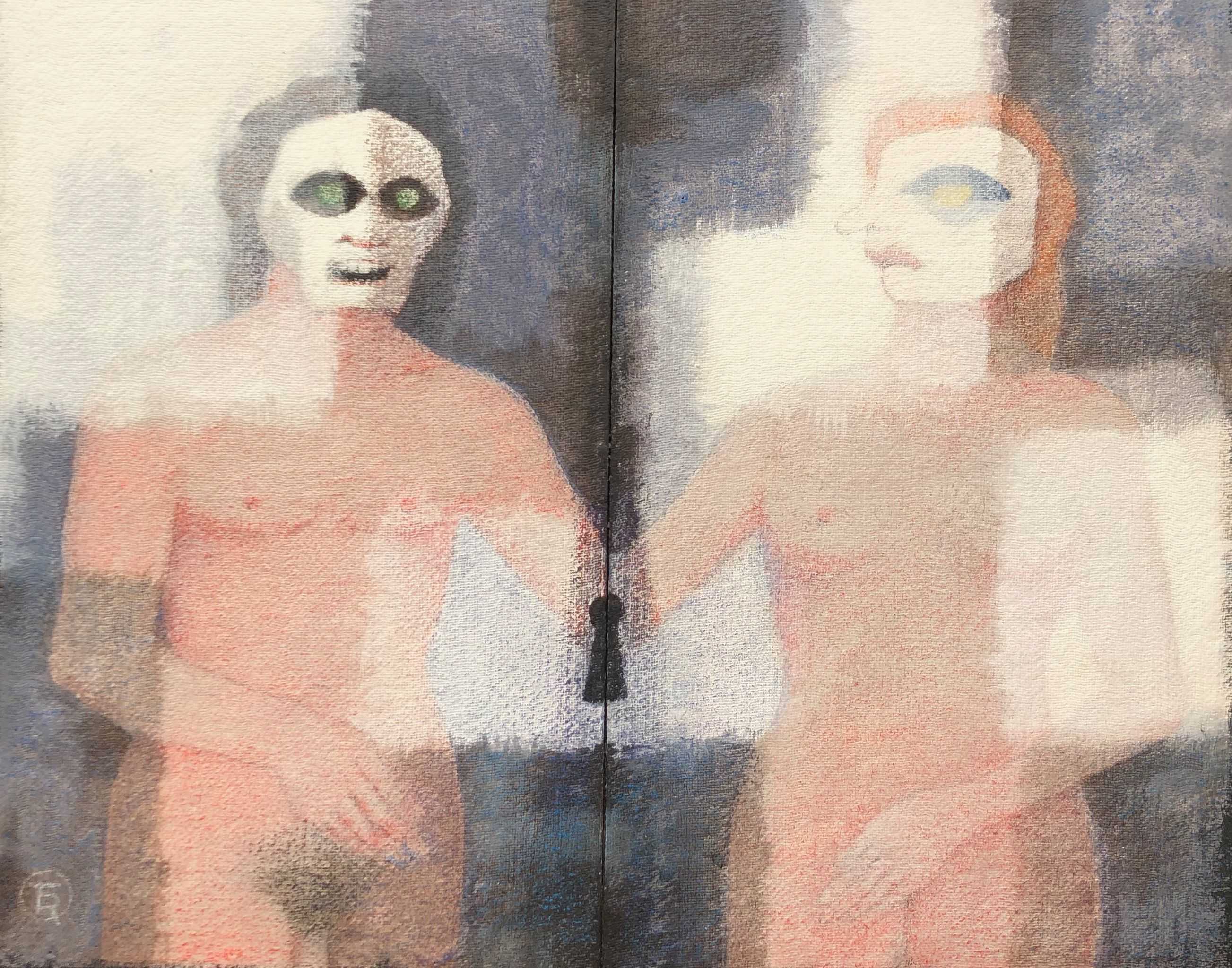 Pudeur, acrylique pastel gras sur deux panneaux de Robert Thisens, 49 x 62 cm