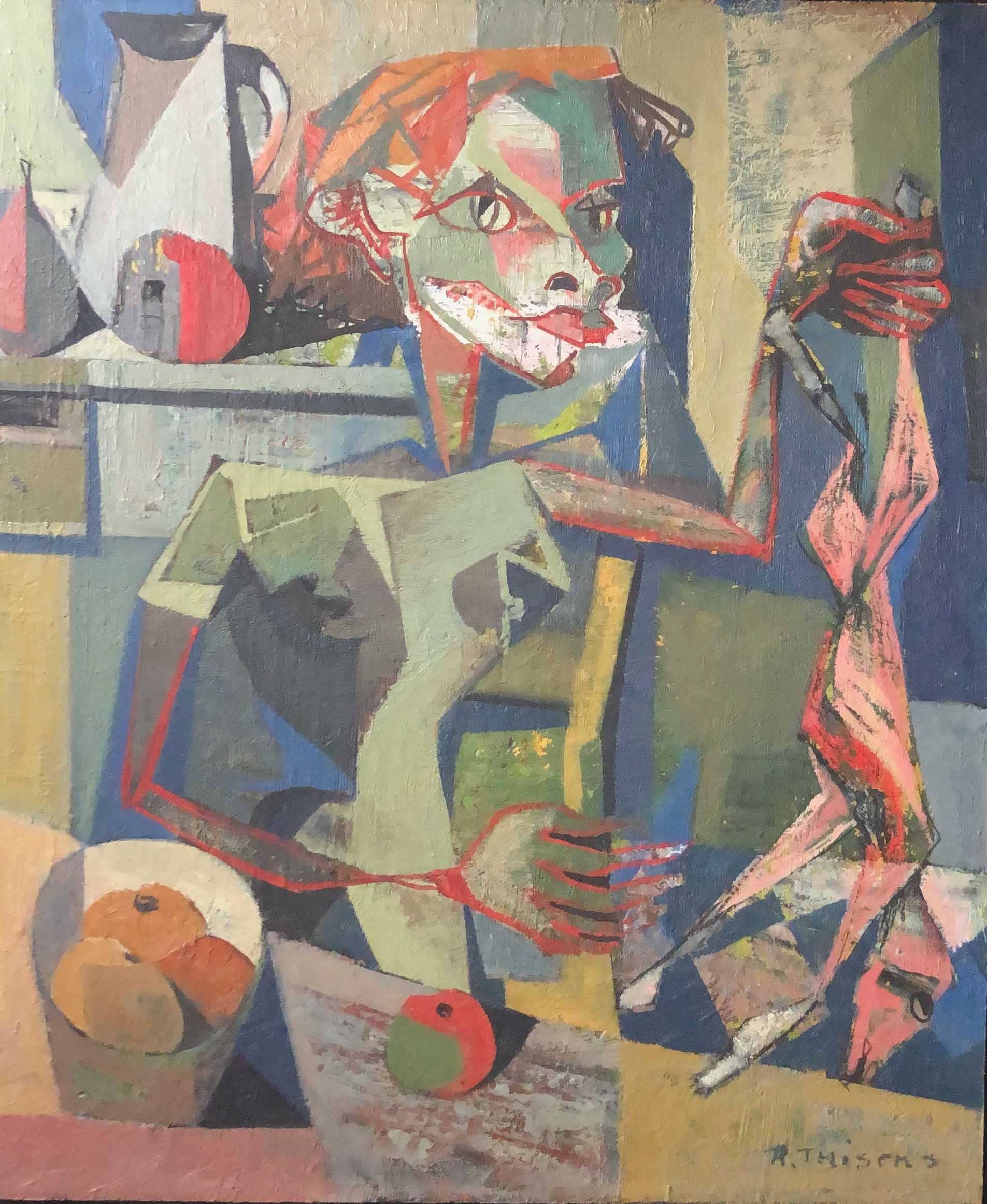 En cuisine, huile sur panneau de Robert Thisens, 55 x 65 cm