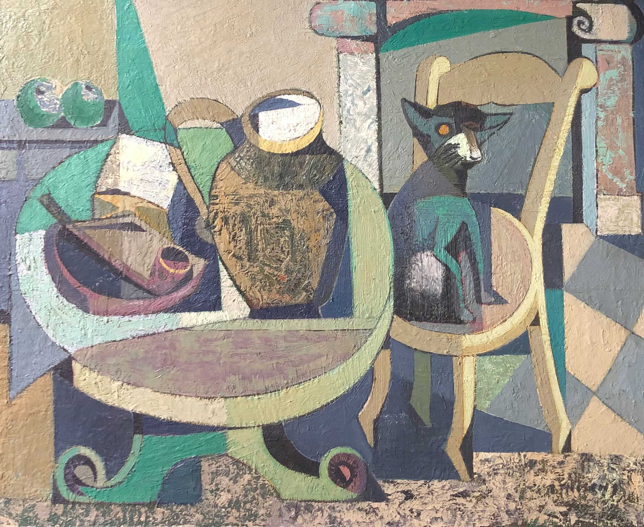 Le chat était la aussi, huile sur panneau de Robert Thisens, 65 x 75 cm
