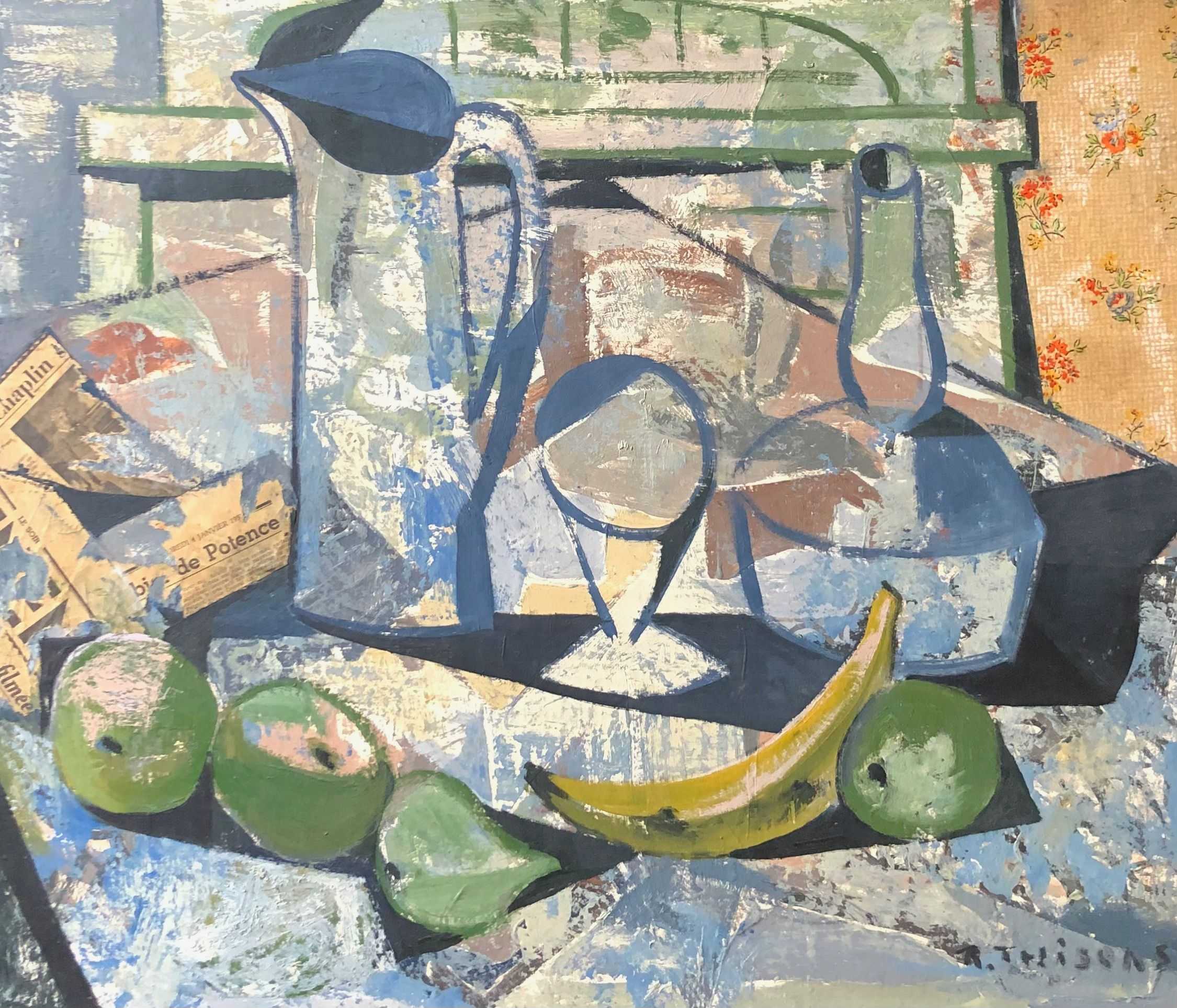 Nature morte aux fruits, collage et huile sur panneau de Robert Thisens, 60 x 70 cm