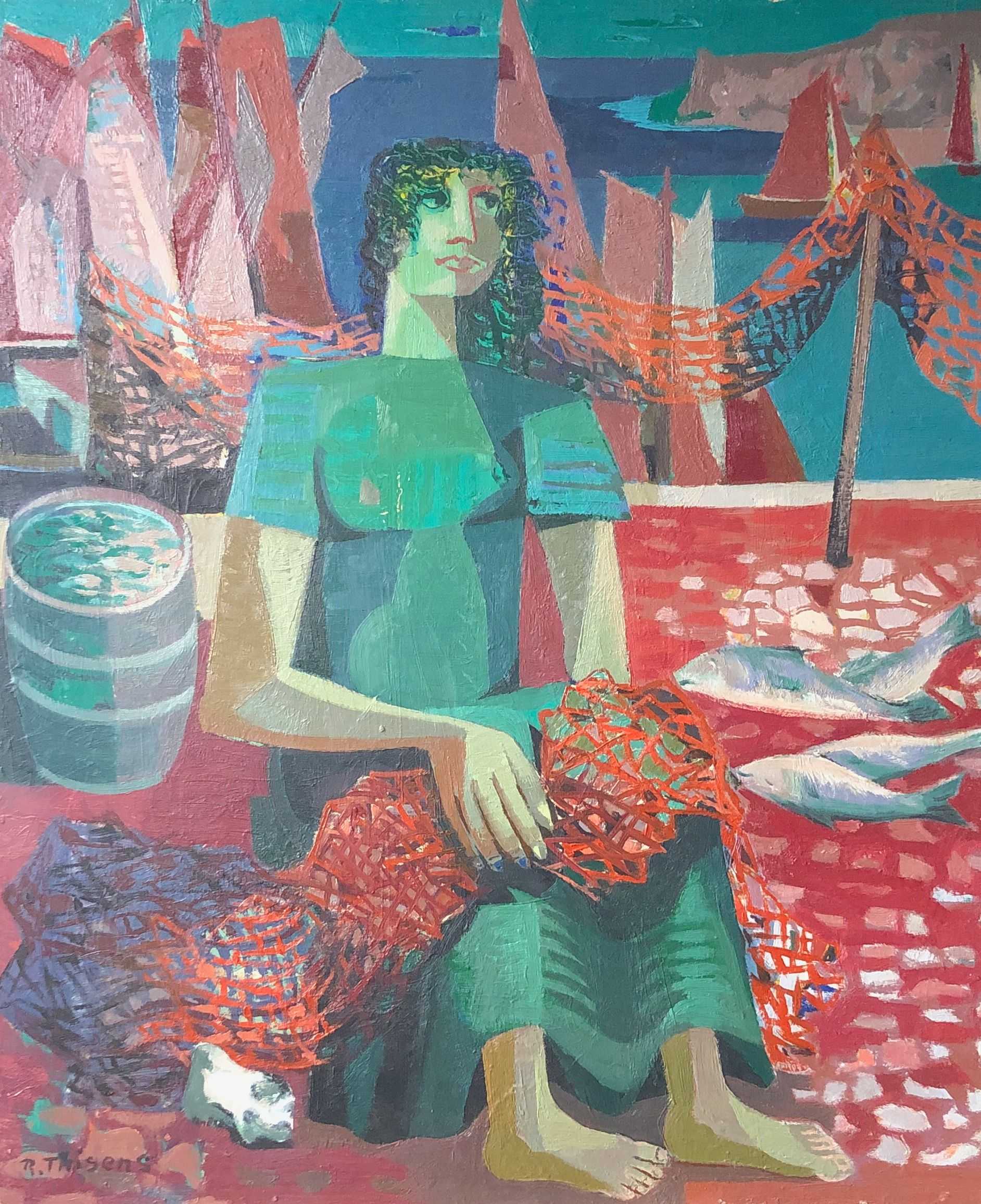 Sur le quai, huile sur panneau de Robert Thisens, 55 x 65 cm