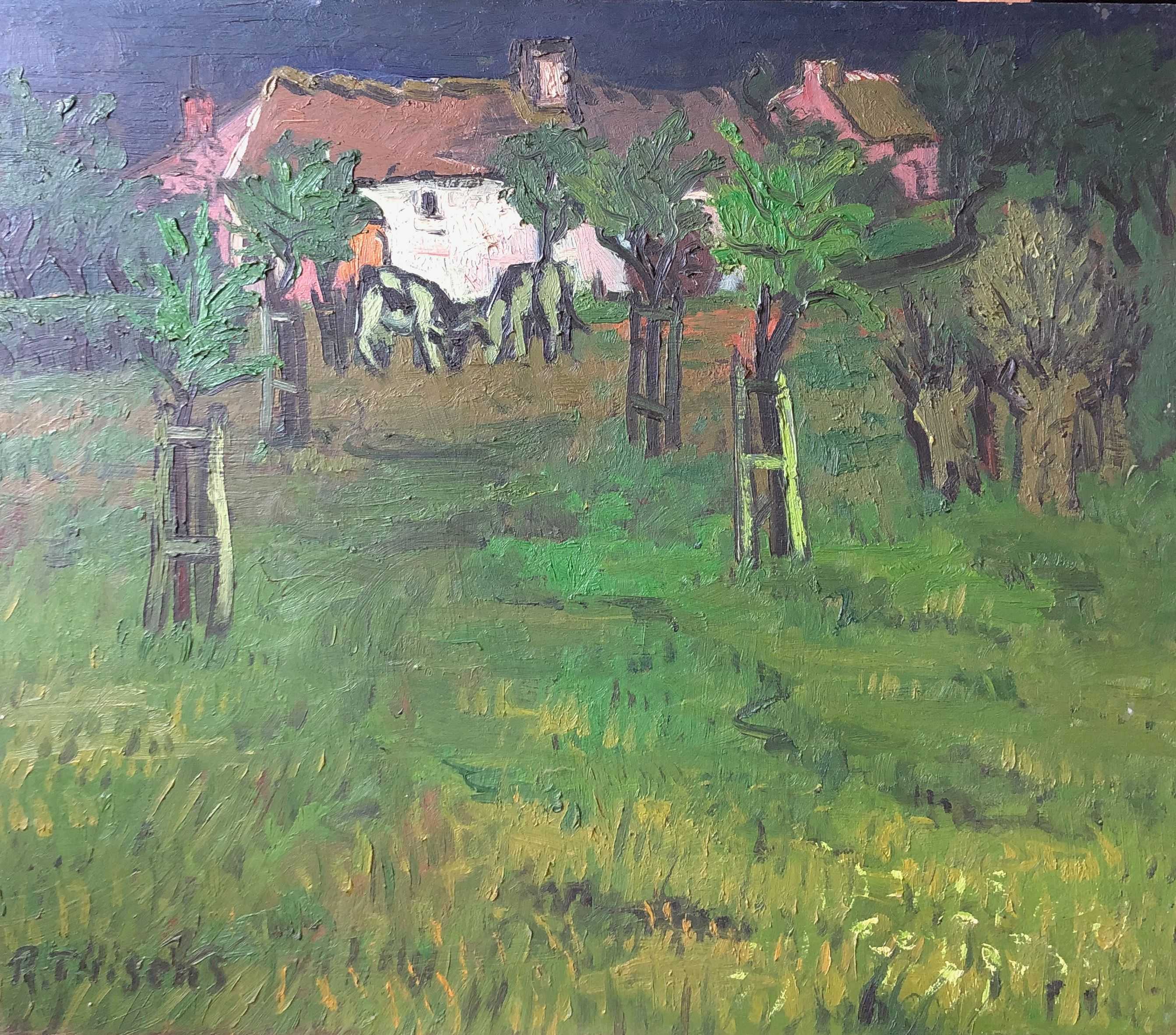 Verger a bassenge, huile sur panneau de Robert Thisens, 55 x 65 cm