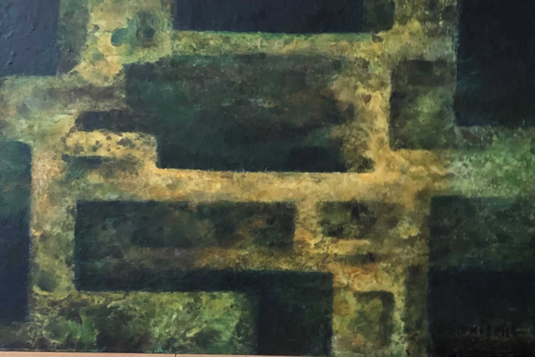 Construction errodee, acrylique sur panneau de Robert Thisens, 20 x 30 cm