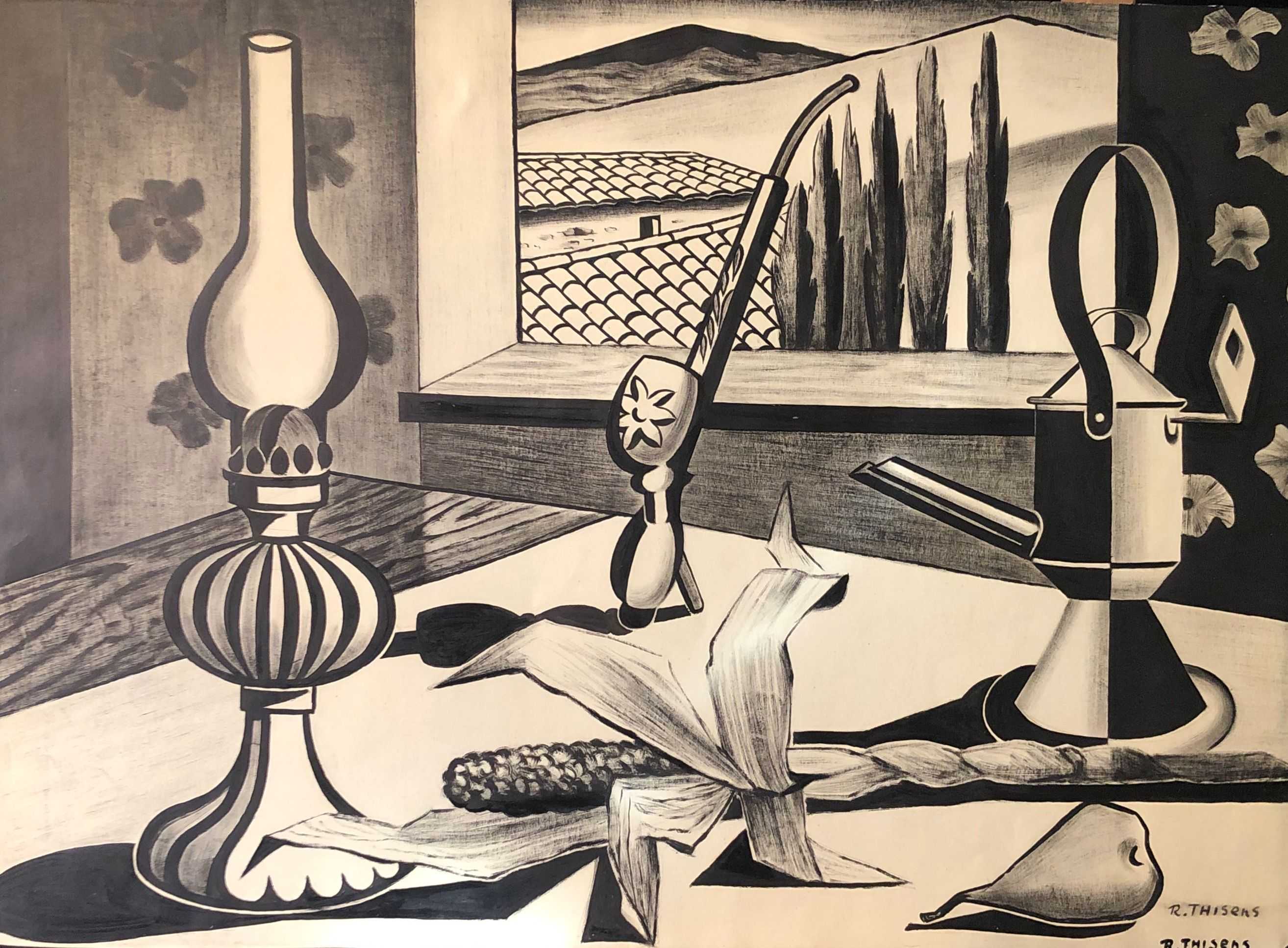 Nature morte aux maïs, encre et fusain sur papier fort de Robert Thisens, 50 x 70 cm