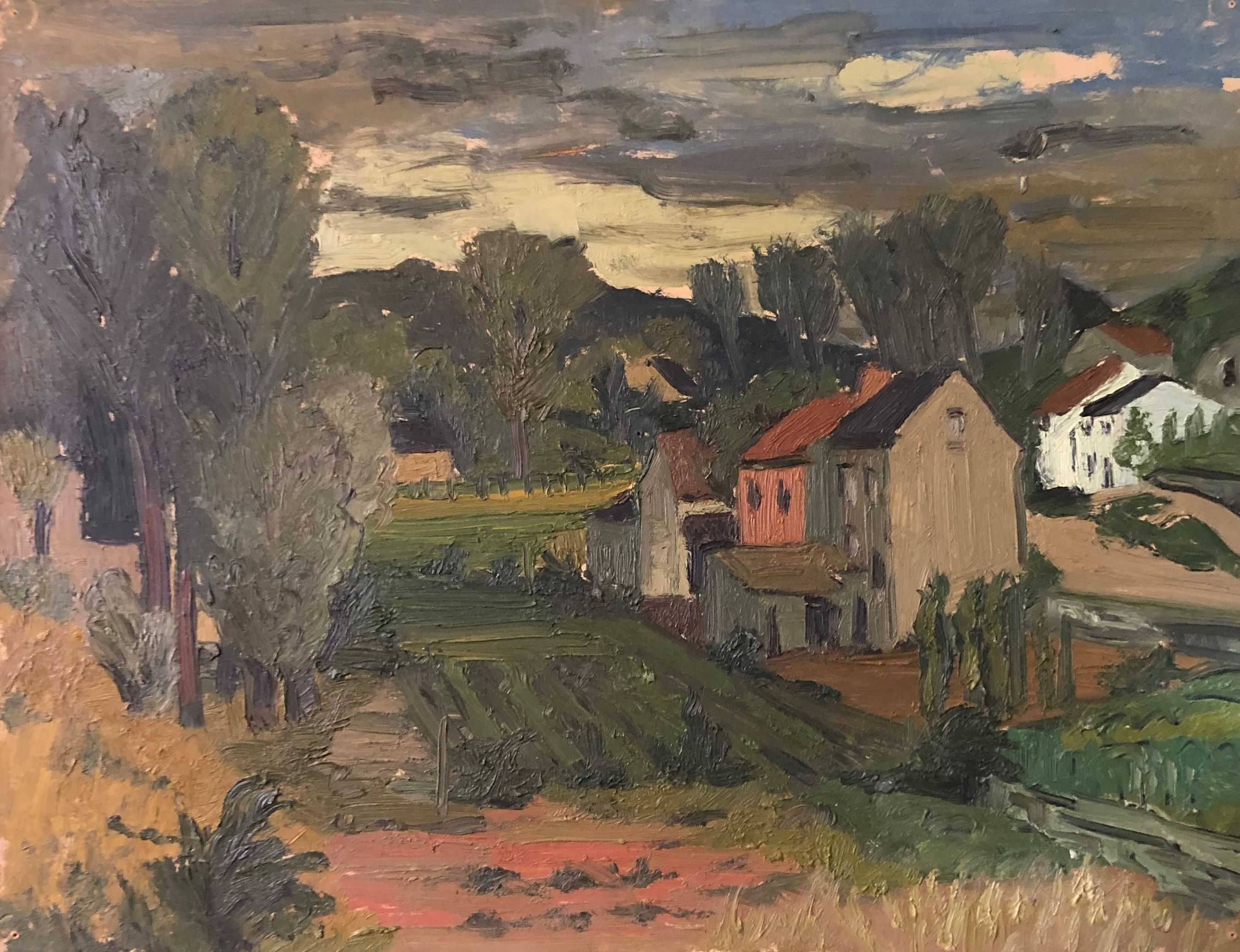Village, huile sur panneau de Robert Thisens, 30 x 40 cm