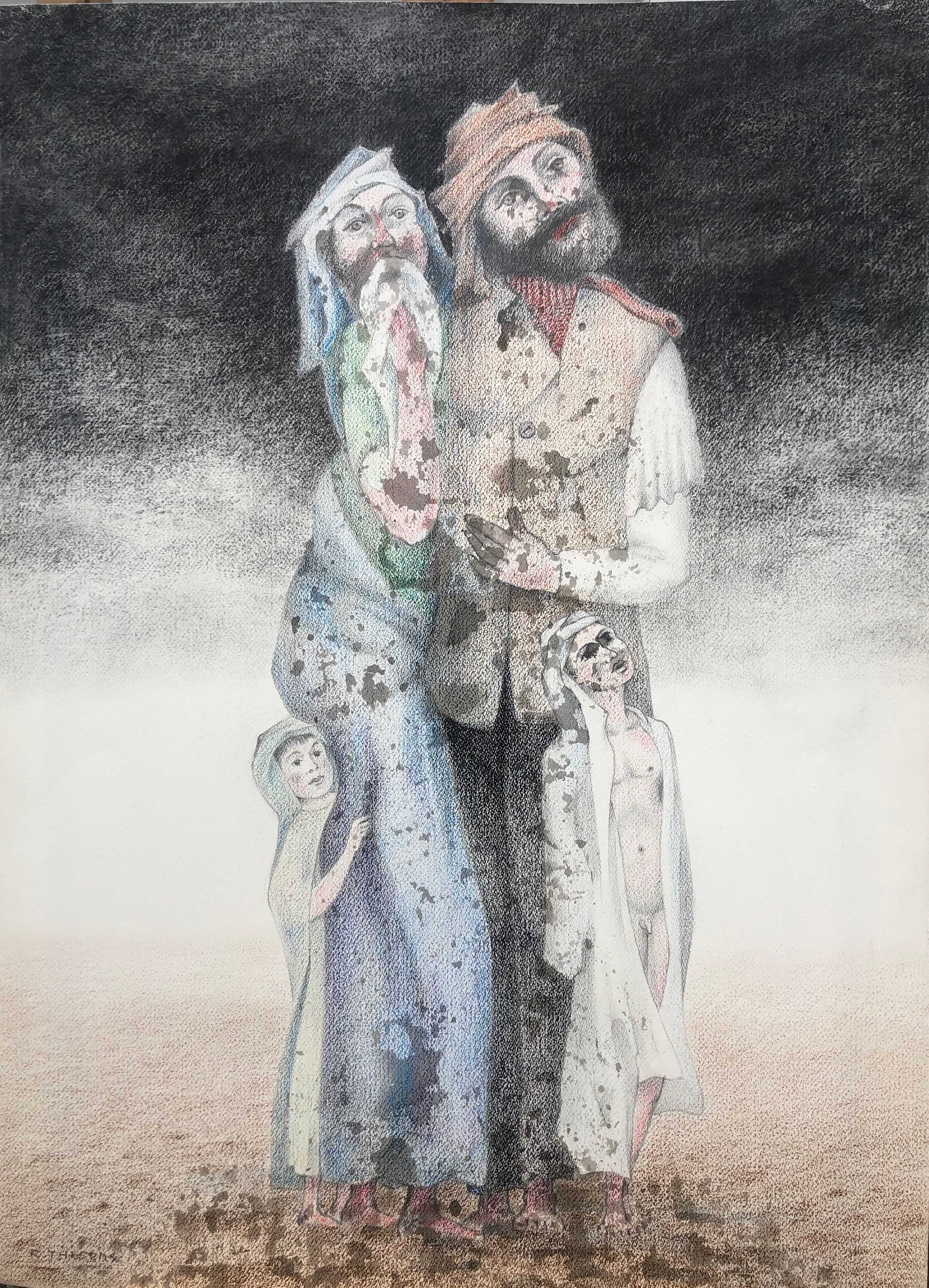 Les pieds dans la boue, crayon et pastel gras sur carton de Robert Thisens, 55 x 73 cm