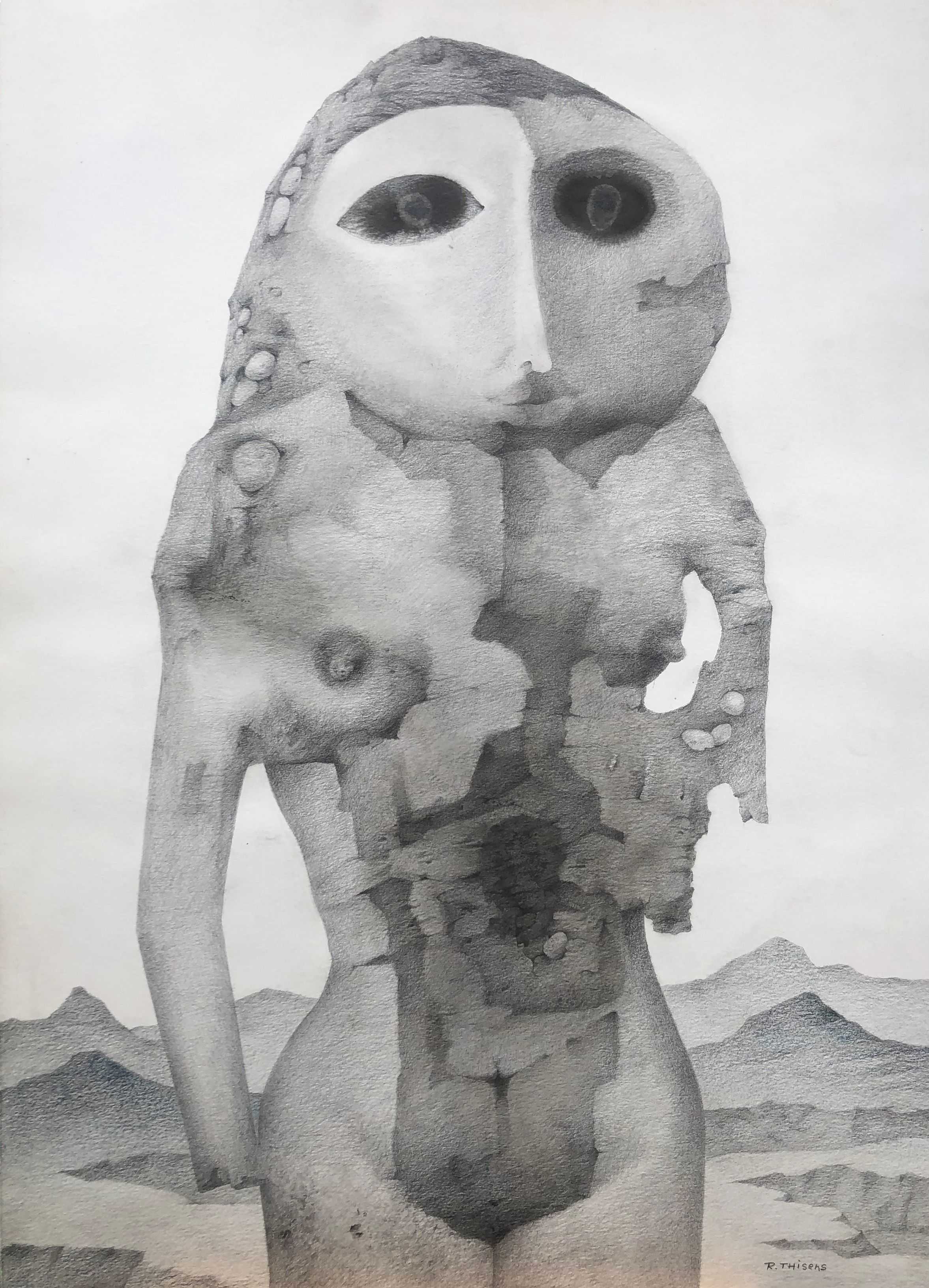 La femme de pierre, fusain sur carton de Robert Thisens, 502 x 70 cm