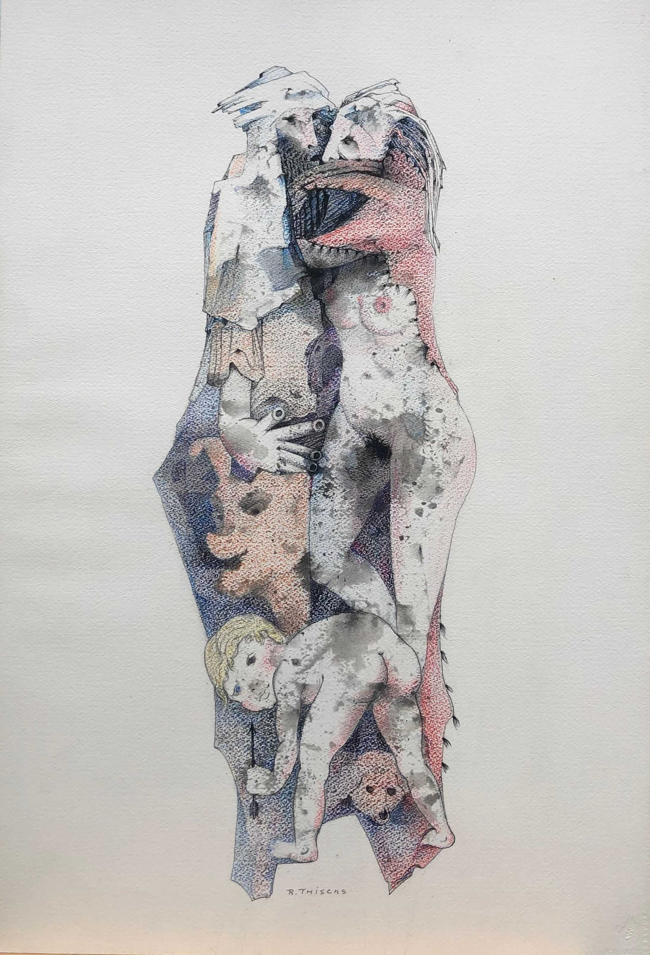 Le retour de cupidon, encre et pastel gras sur carton de Robert Thisens, 37 x 55 cm