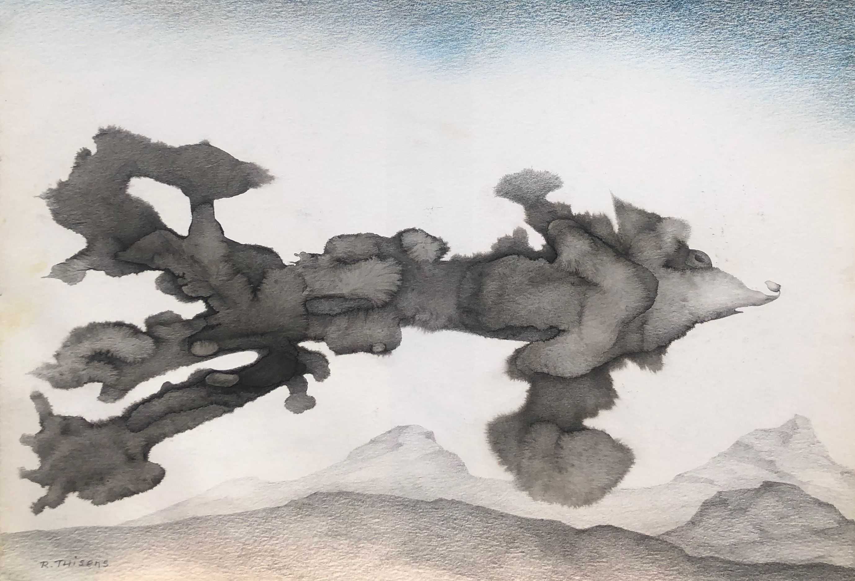 Est ce un ovni ?, fusain et pastel gras sur carton de Robert Thisens, 35 x 50 cm