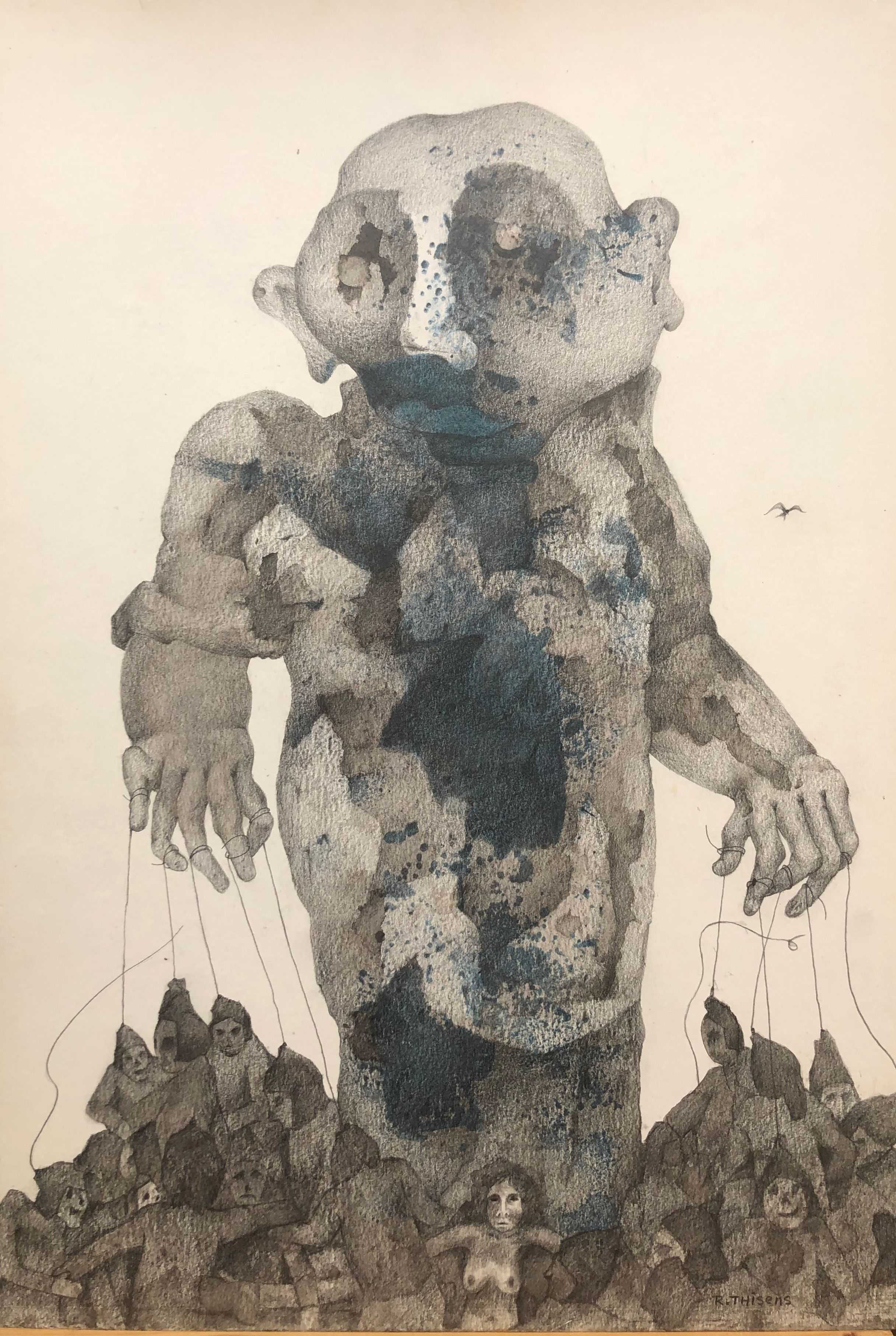 Le marionnetiste, mine de plomb et encre sur carton de Robert Thisens, 35 x 50 cm