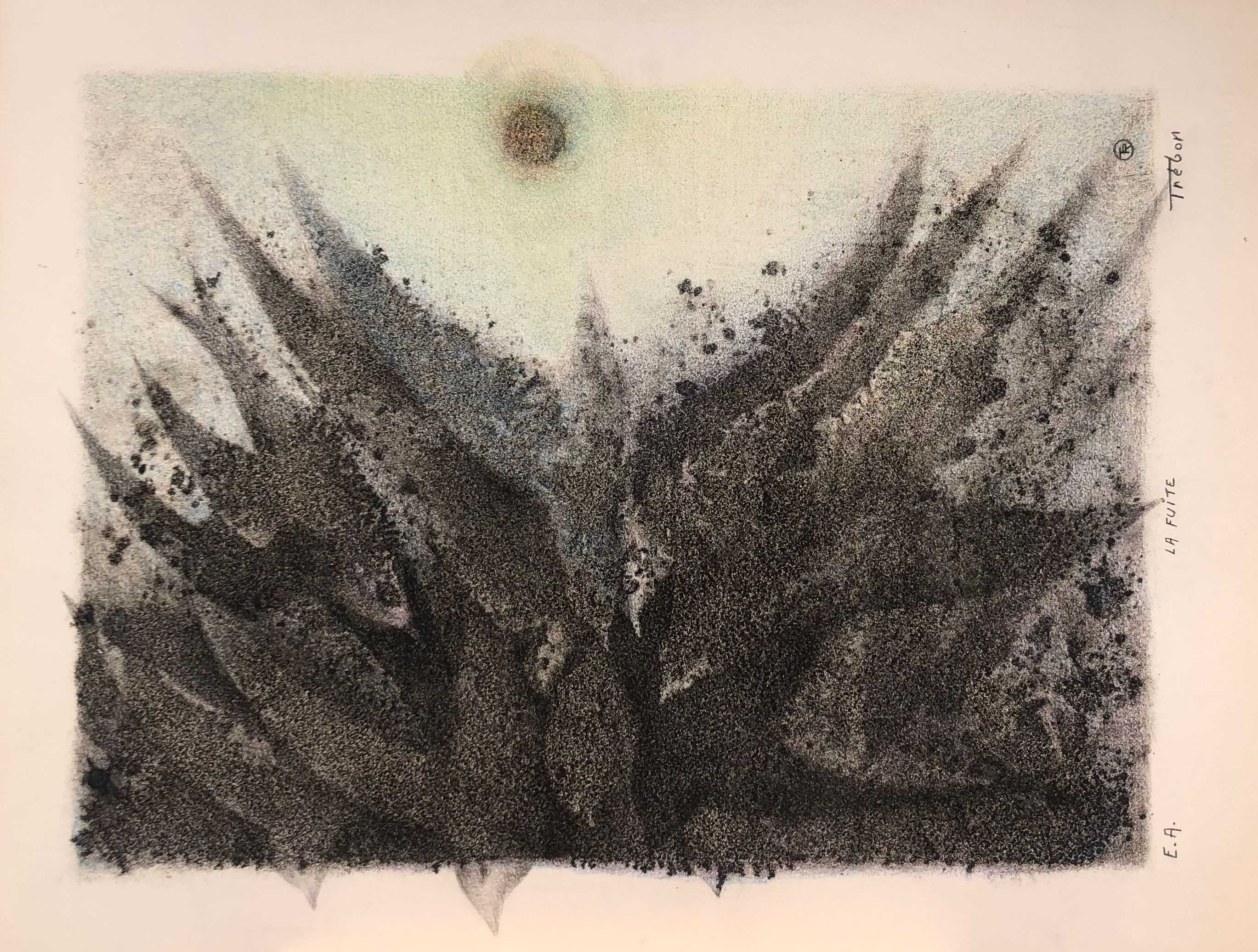 Lithographie la fuite, rehaussée au pastel gras sur papier fort de Robert Thisens, 39 x 43 cm