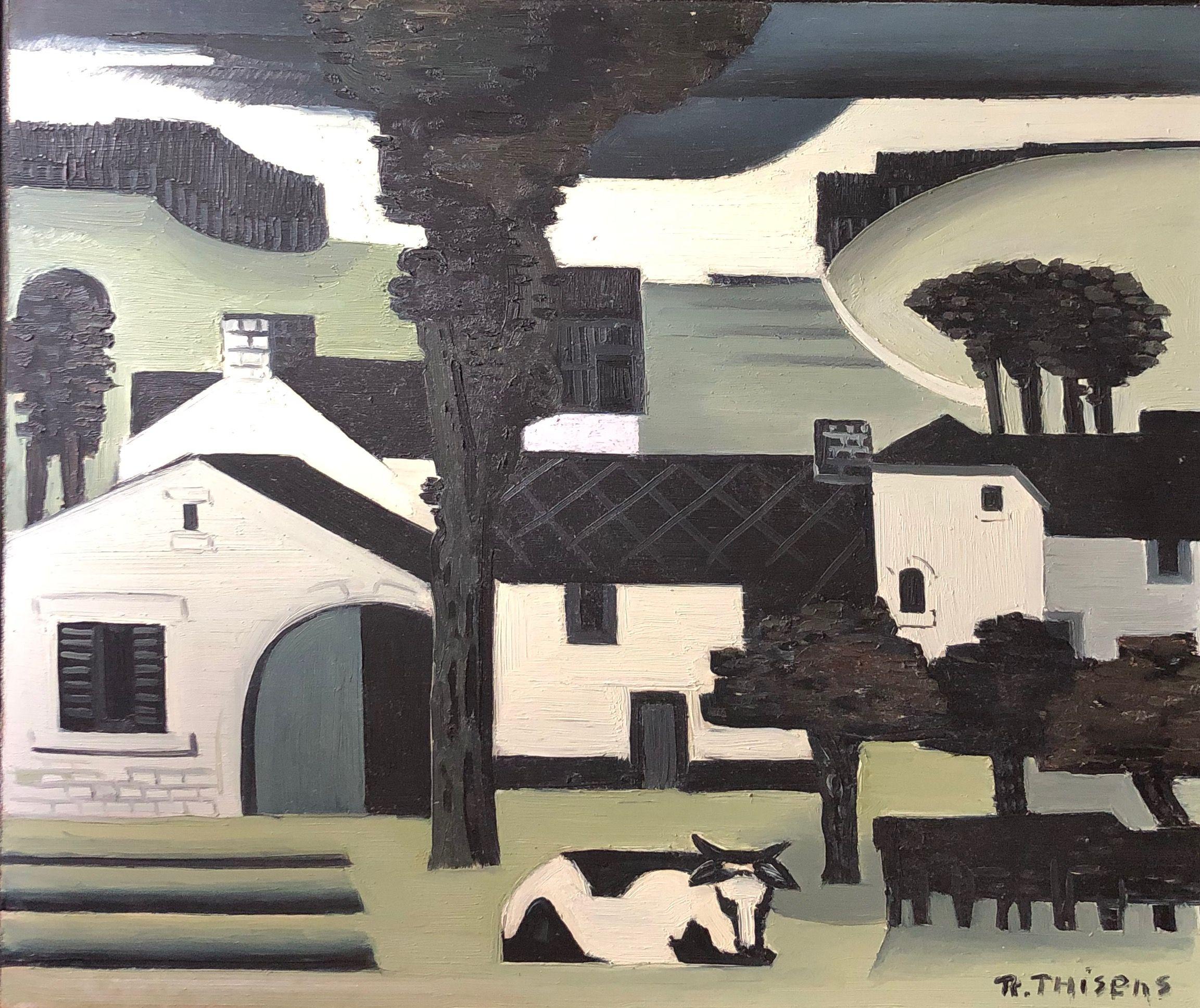 Paysage en gris, huile sur panneau de Robert Thisens, 55 x 65 cm