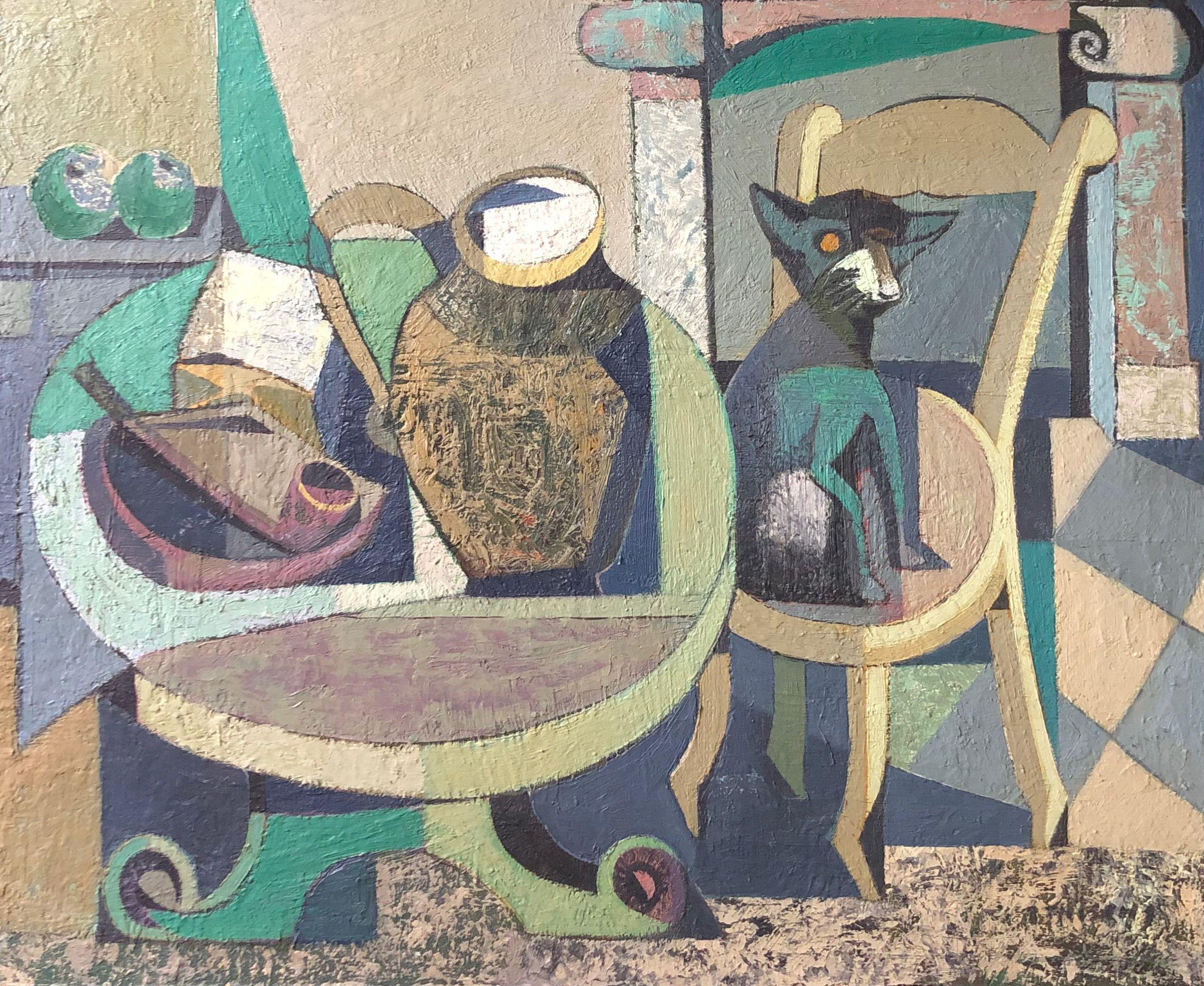 Le chat était la aussi, huile sur panneau de Robert Thisens, 65 x 75 cm