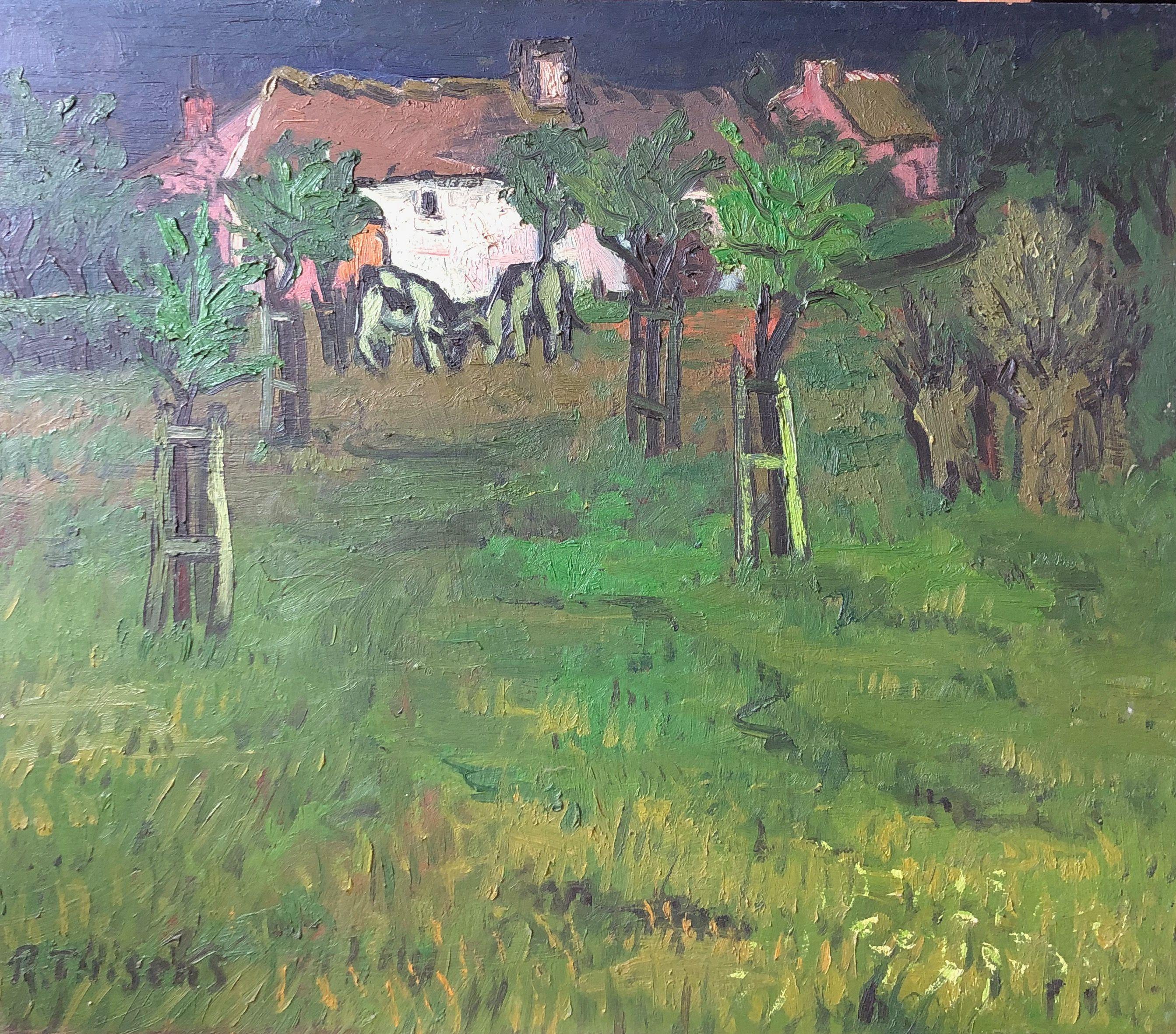 Verger a bassenge, huile sur panneau de Robert Thisens, 55 x 65 cm — vue 2