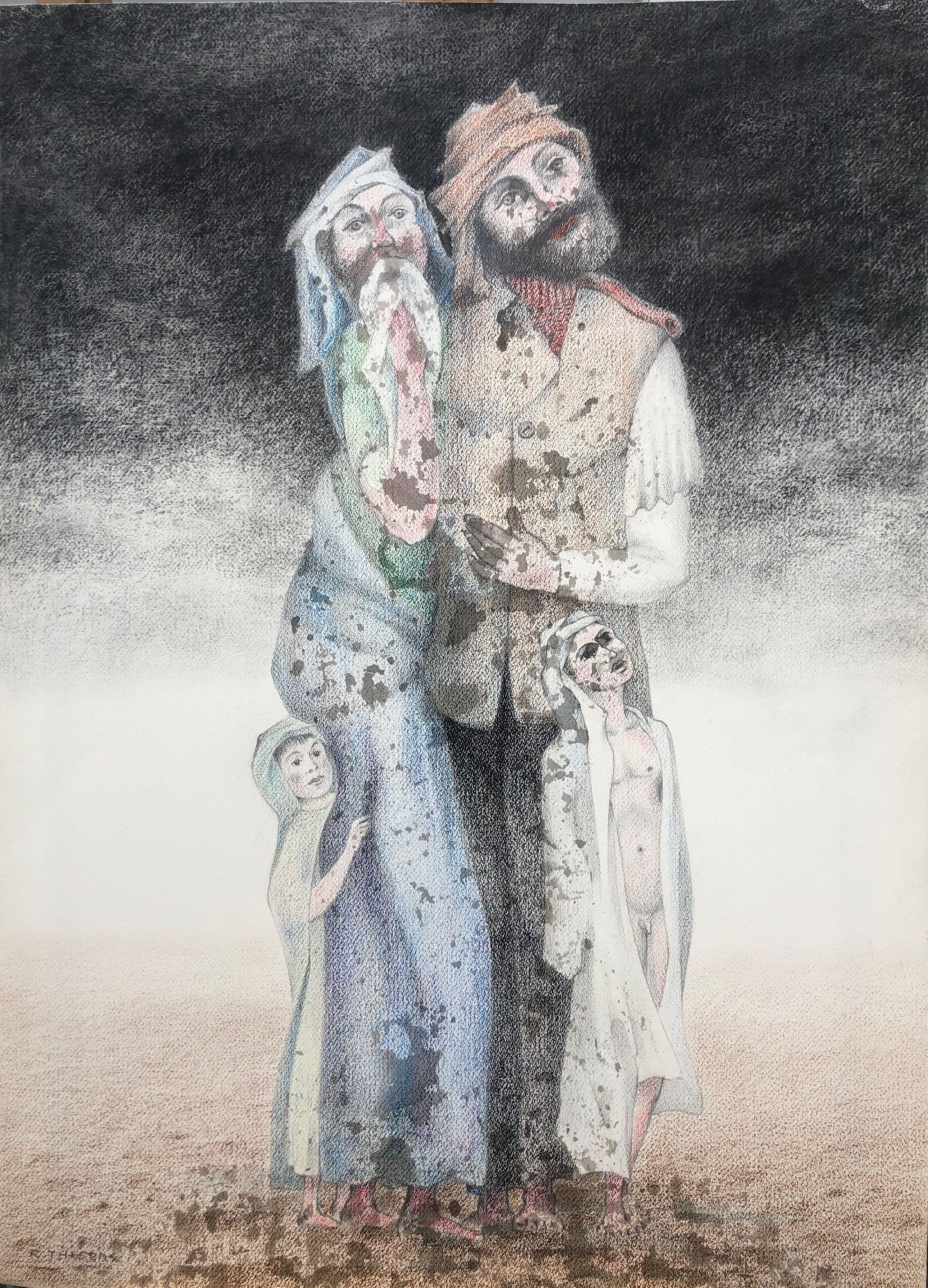 Les pieds dans la boue, crayon et pastel gras sur carton de Robert Thisens, 55 x 73 cm