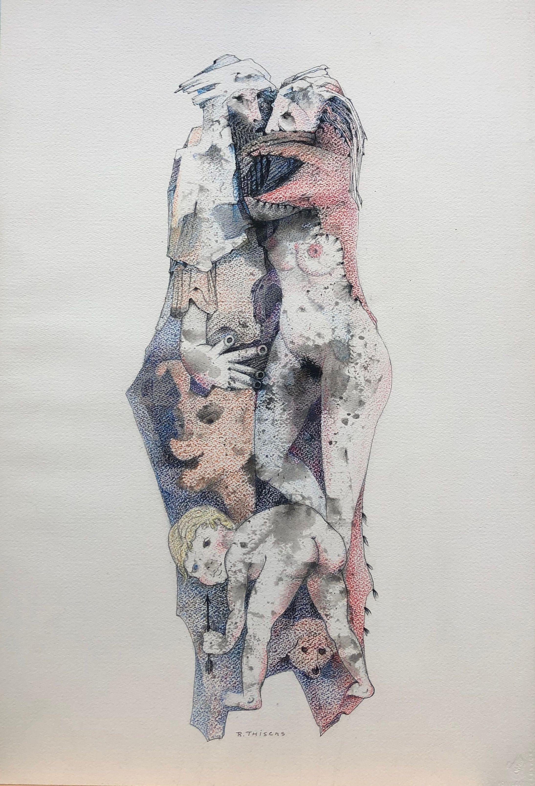 Le retour de cupidon, encre et pastel gras sur carton de Robert Thisens, 37 x 55 cm