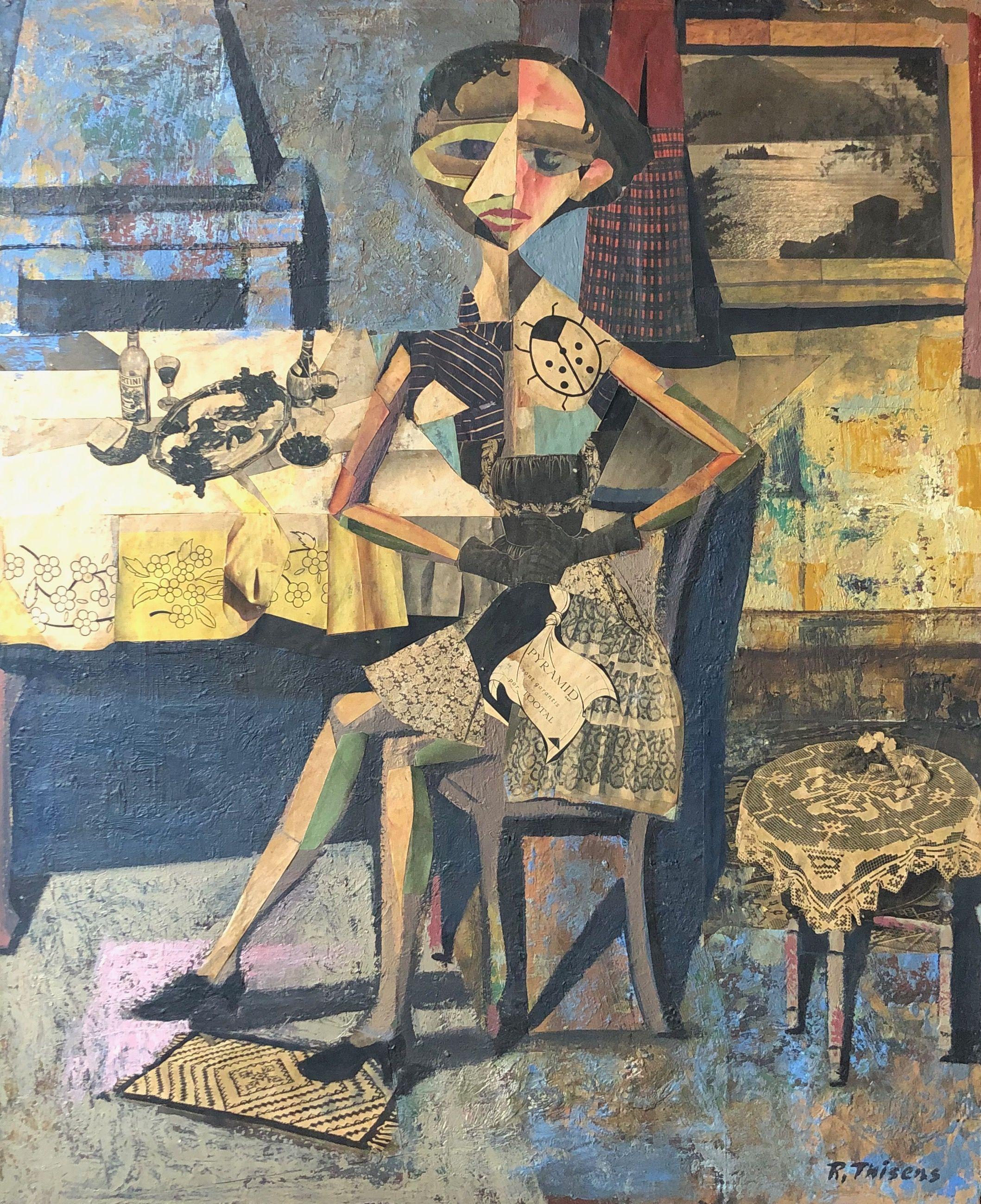 L'attente, collage et huile sur panneau de Robert Thisens, 60 x 75 cm — vue 2