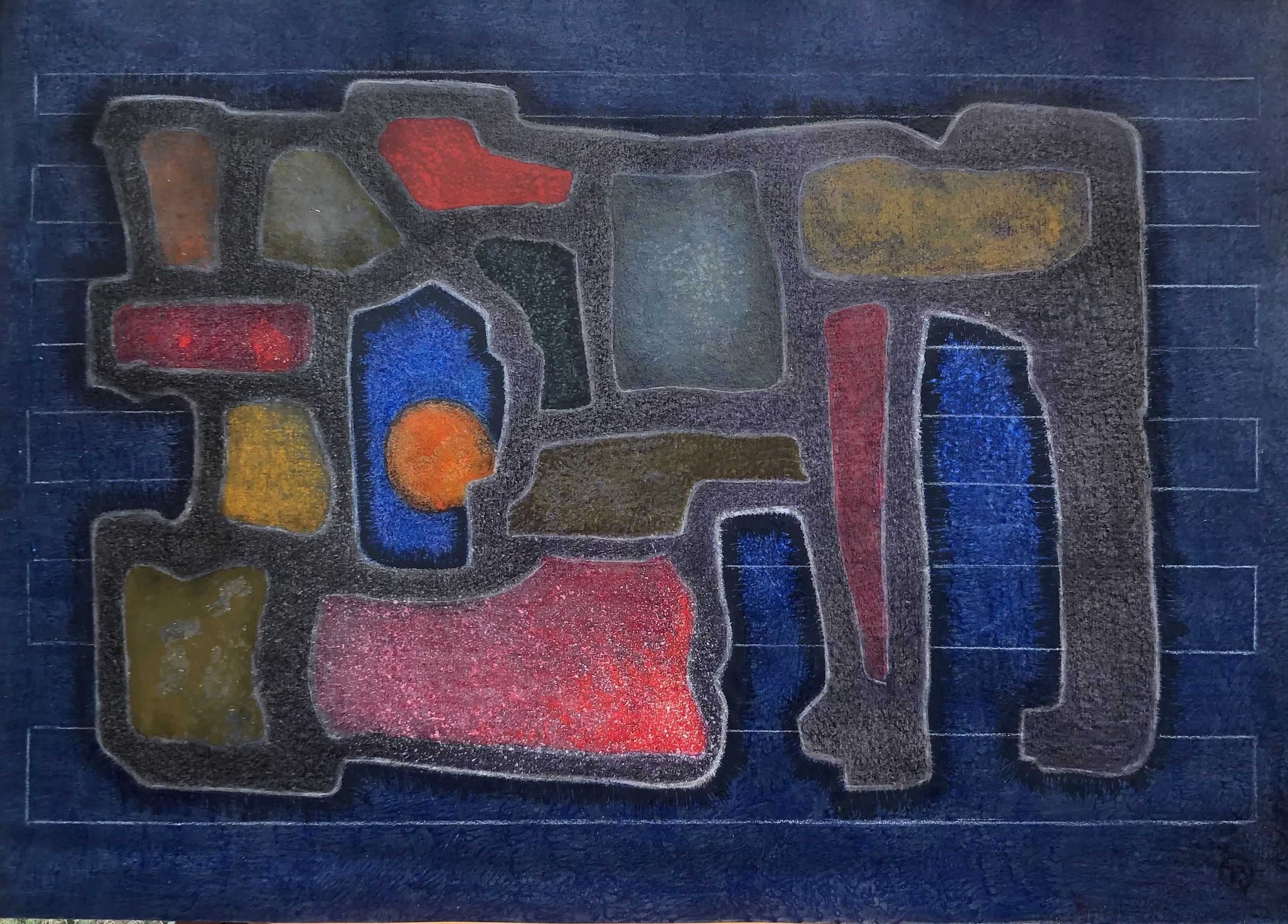 Lineaire figure, acrylique pastel gras sur carton de Robert Thisens, 50 x 70 cm