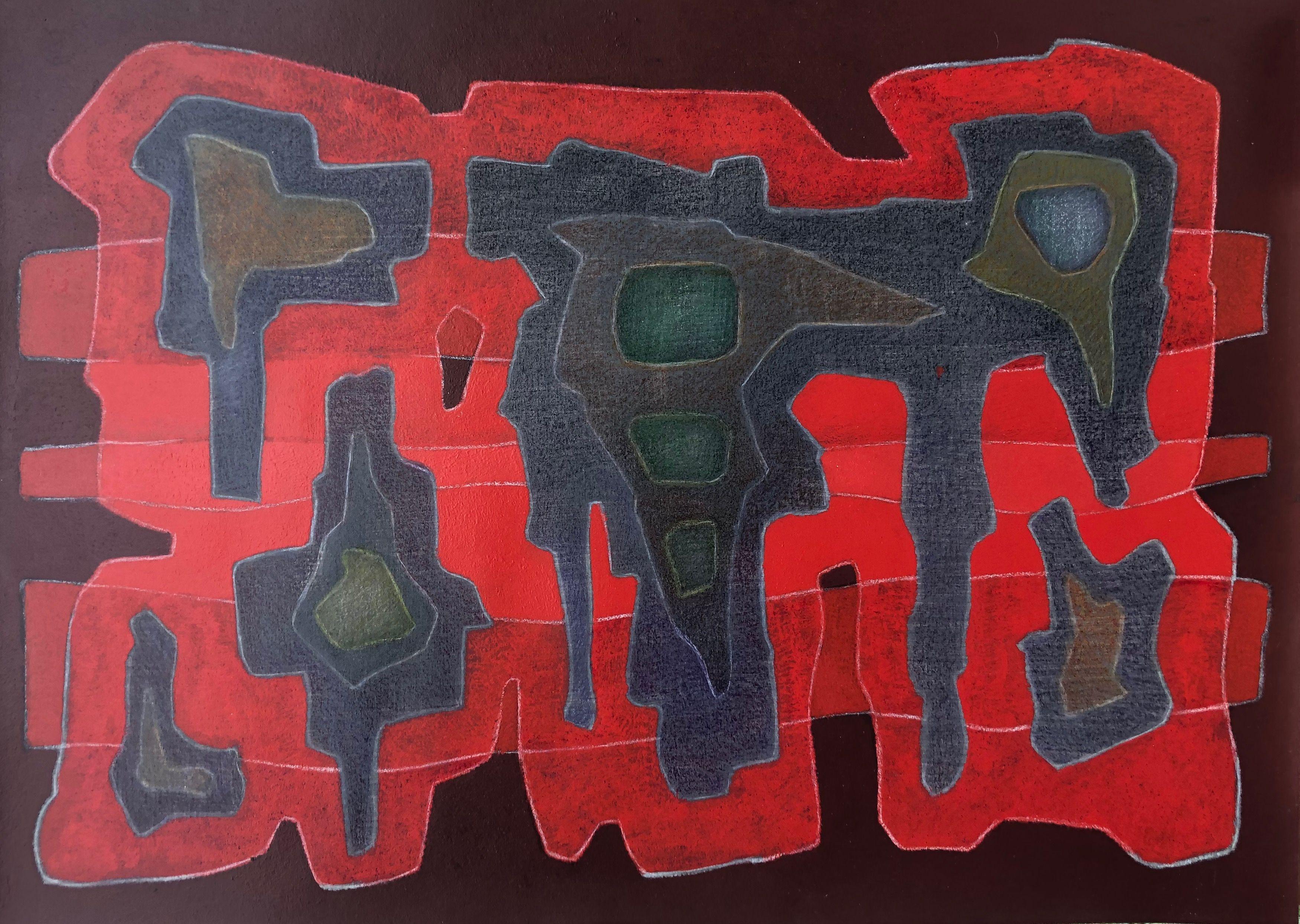 Lineaire figure, acrylique pastel gras sur carton de Robert Thisens, 50 x 70 cm