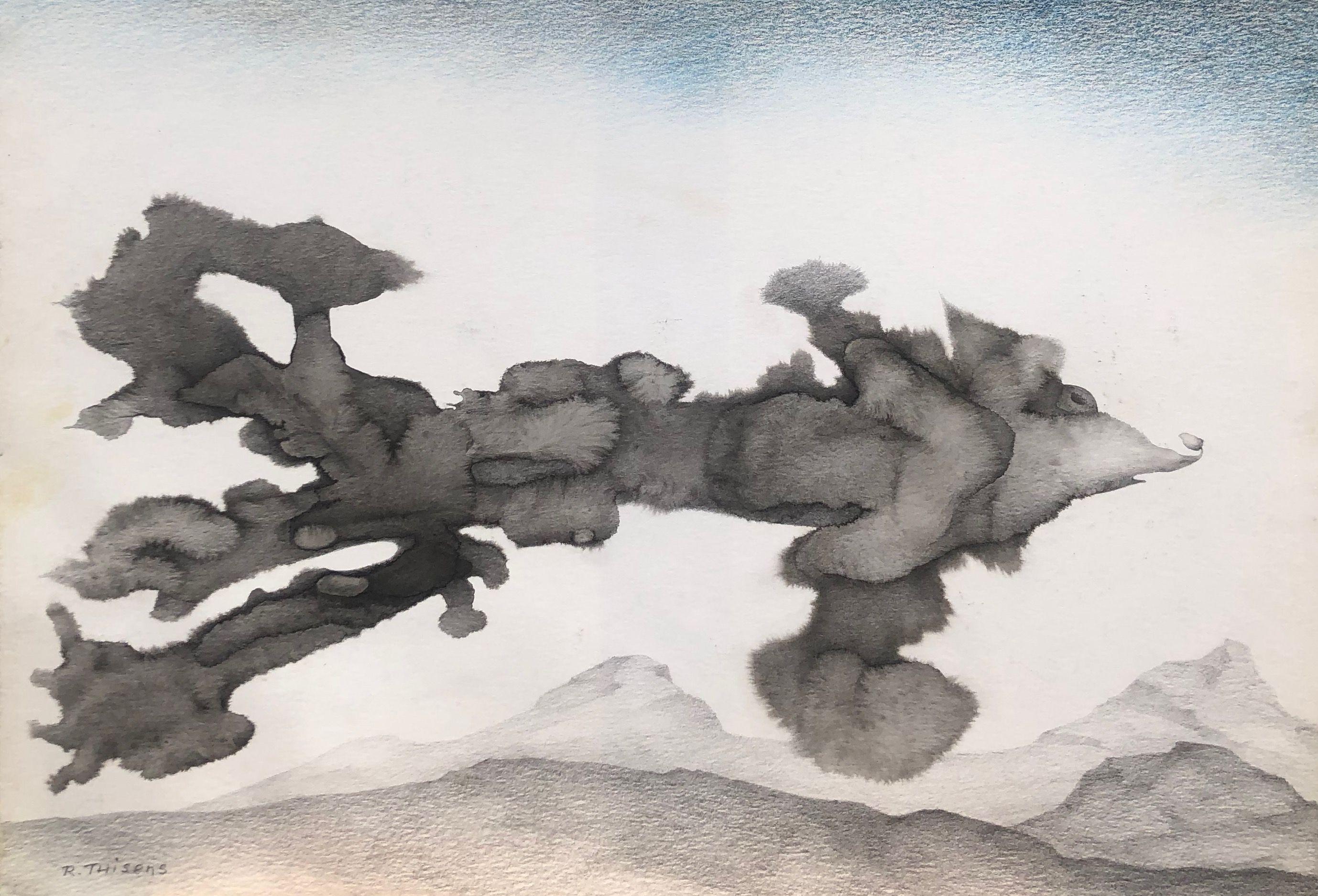 Est ce un ovni ?, fusain et pastel gras sur carton de Robert Thisens, 35 x 50 cm