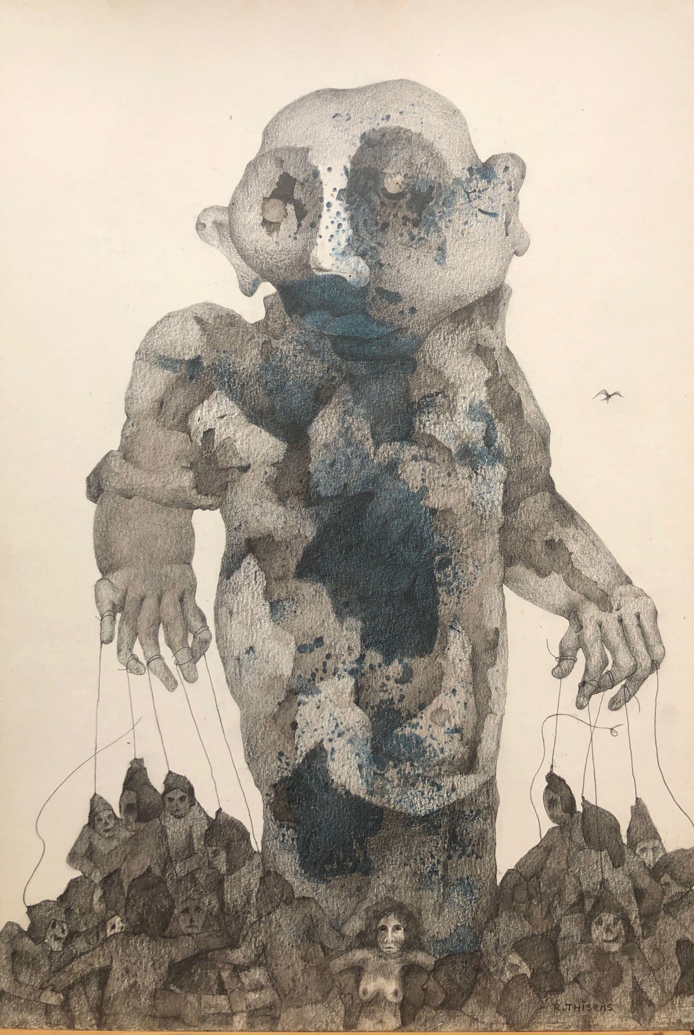 Le marionnetiste, mine de plomb et encre sur carton de Robert Thisens, 35 x 50 cm